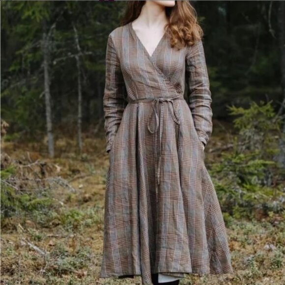 Son de Flor Wrap Dress in Plaid Brown - Size M - Picture 1 of 7